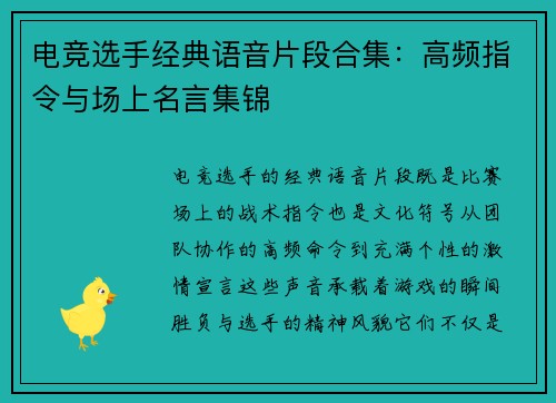电竞选手经典语音片段合集：高频指令与场上名言集锦