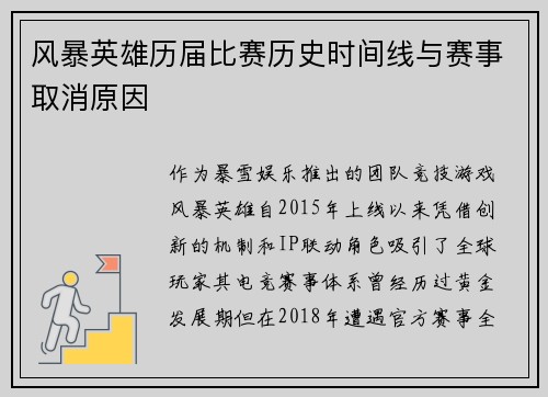 风暴英雄历届比赛历史时间线与赛事取消原因
