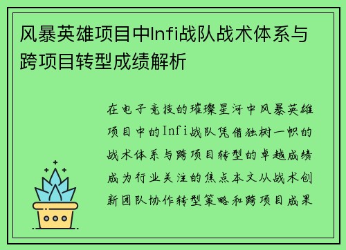 风暴英雄项目中Infi战队战术体系与跨项目转型成绩解析